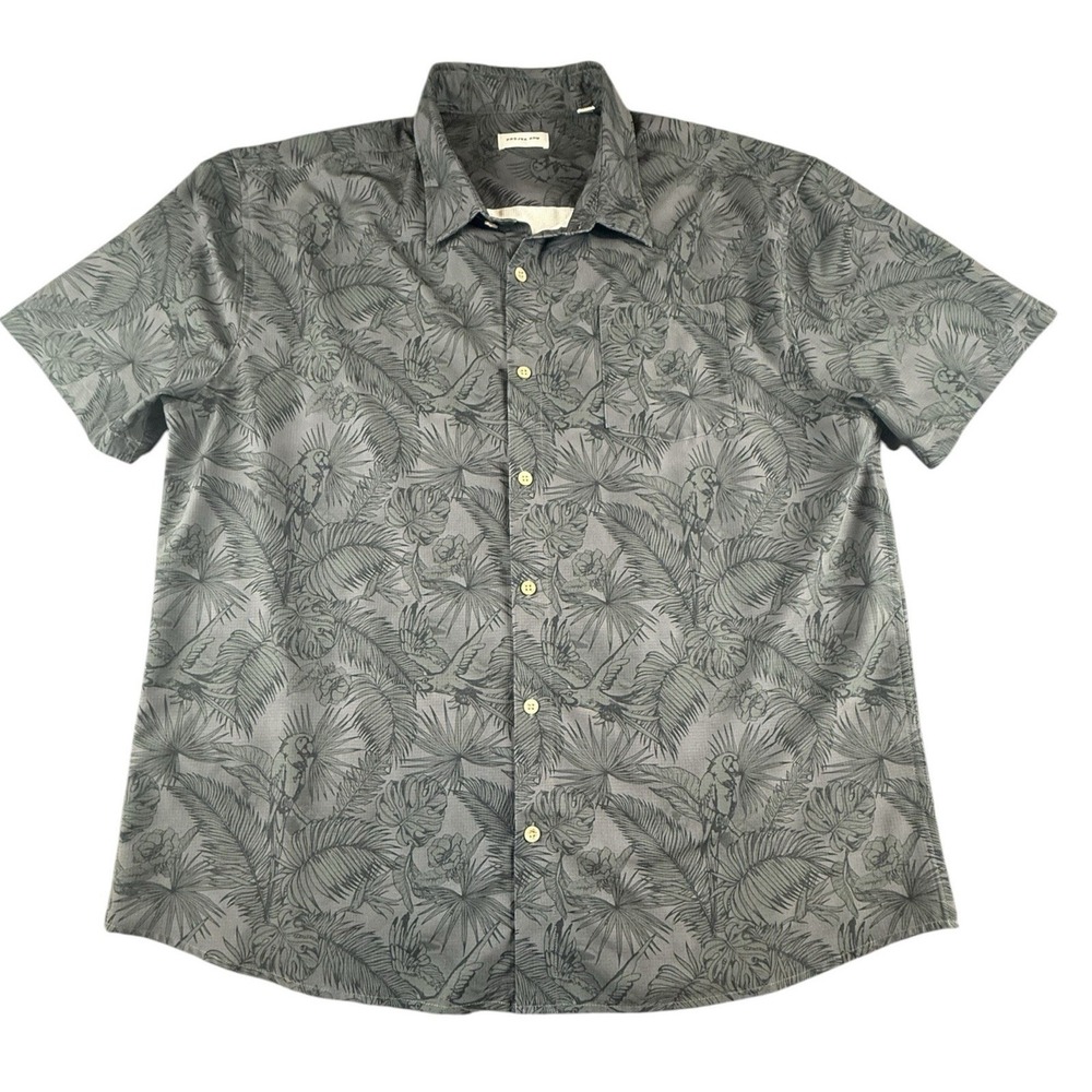Projek Raw Mens XXL Tropical Parrot Print Button Up Shirt Gray Short Sleeve